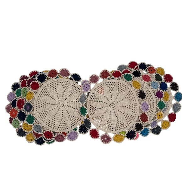 Handmade Crochet Placemat Set table runner Floral Border Beige Base‎ - Picture 2 of 5